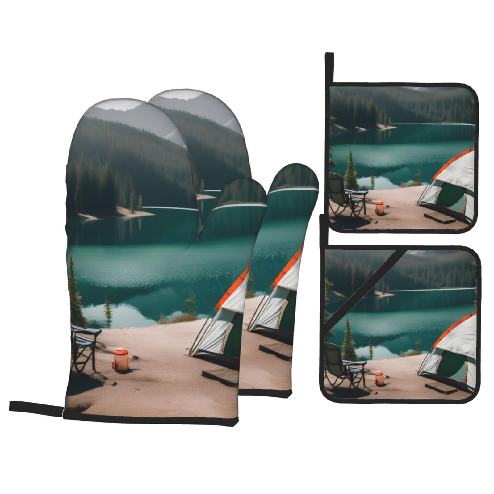 Serenity Lake Camping Print 4-Piece Oven Microwaving Set Kitchen Gloves for Holiday Cooking Baking Grilling