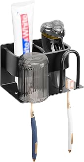 HarJue Adhesive Toothbrush Holders for Bathroom, Wall Mounted Toothbrush Organizer for Toothpaste Toothbrush Cup Shavers Bath Accessories Storage, Keep Countertop Clean and Tidy (Small, Matte Black)