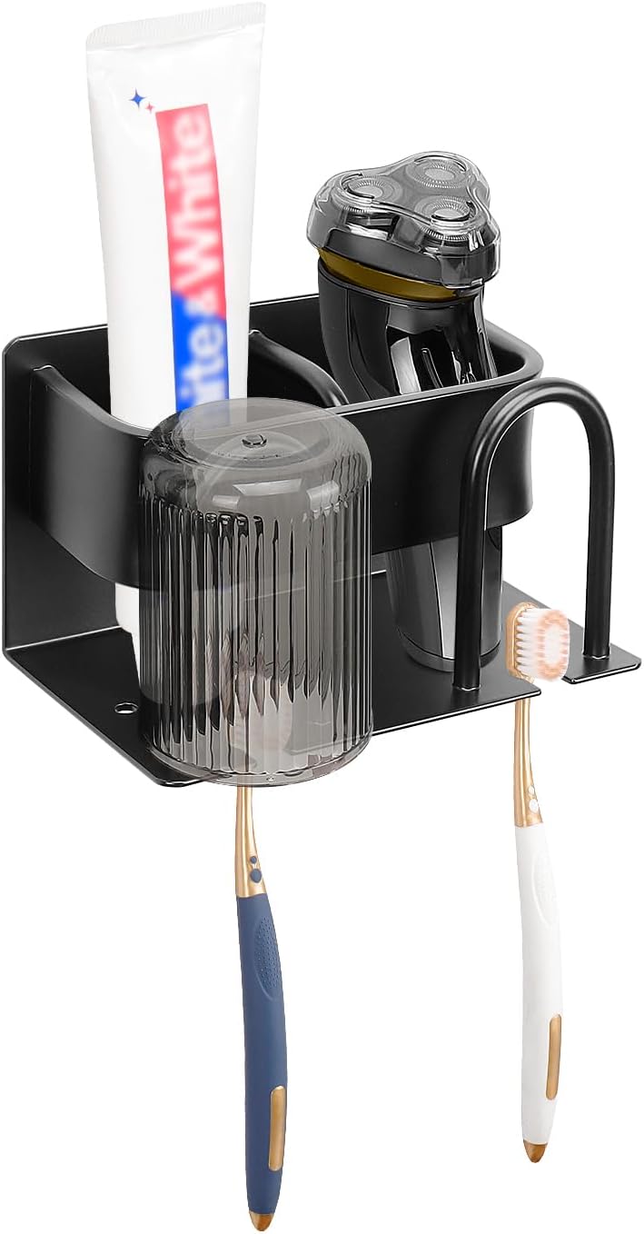 HarJue Adhesive Toothbrush Holders for Bathroom, Wall Mounted Toothbrush Organizer for Toothpaste Toothbrush Cup Shavers Bath Accessories Storage, Keep Countertop Clean and Tidy (Small, Matte Black)
