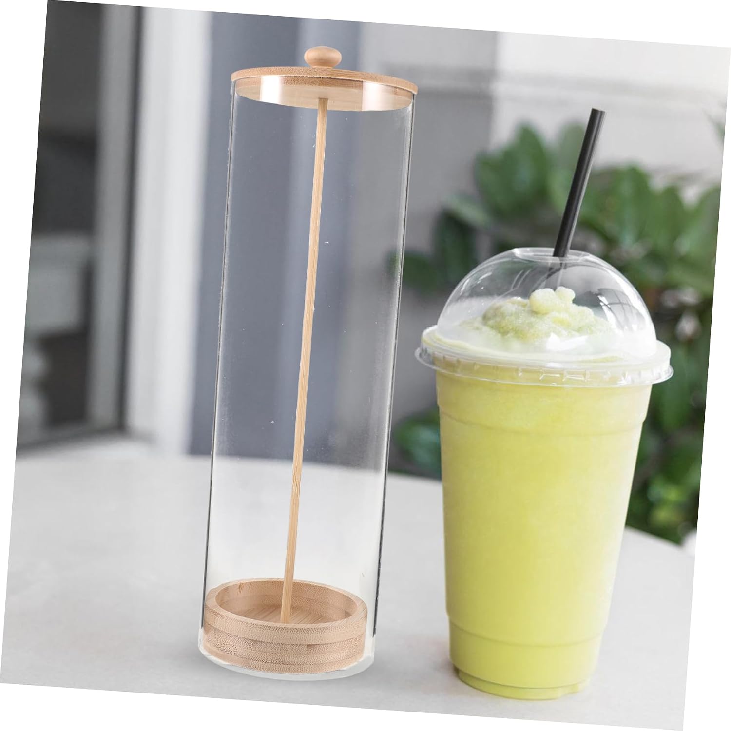 Wooden Lid Straw Holder Storage Container for Countertop, Office