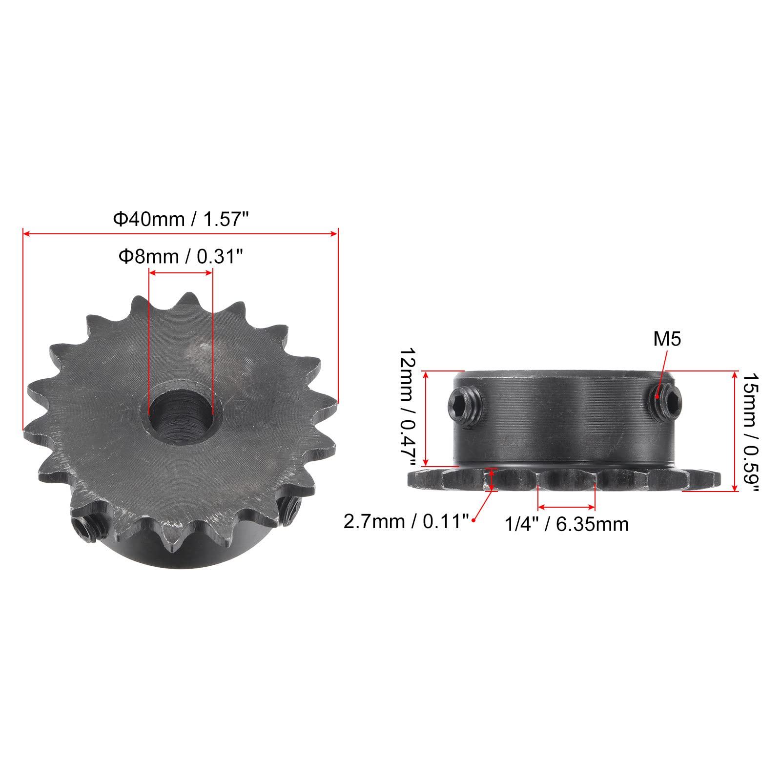 sourcing map Kettenrad mit 18 Zähnen Typ B Einsträngig 1/4" Teilung 8mm Bohrung Schwarz Oxid Kohlenstoffstahl C45 mit 2 Stellschrauben für ISO 04C