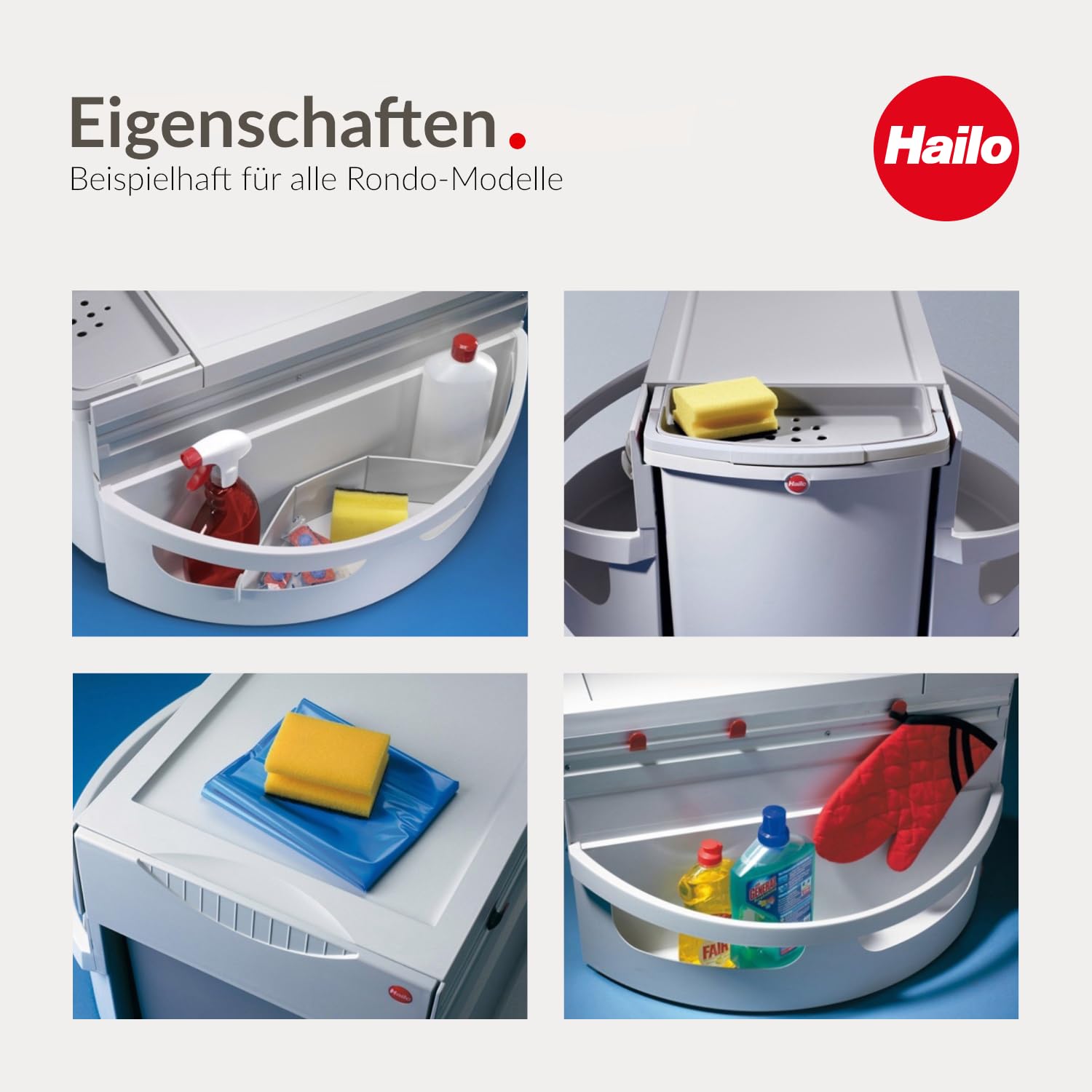 Hailo Abfallsammler Rondo | Eckabfallsammler für 90x90 Eckunterschrank | mit 2x 18 L Inneneimer Multifunktionseimer Seitenschalen | 360 Grad komplett drehbar | Hellgrau