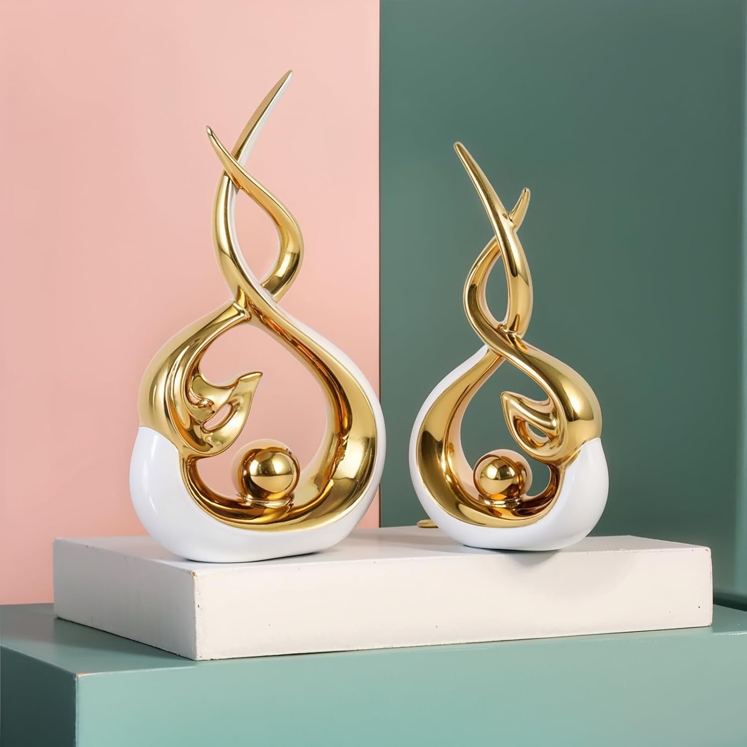 Home Decor Modern Abstract Art Ceramic Statue - 2 PCS White and Gold Sculptures, Mid Century Modern Decor, Elegant Table Centerpieces for Dining Room, Living Room, Office, Entryway, Bookshelf, Mantel - Image 3