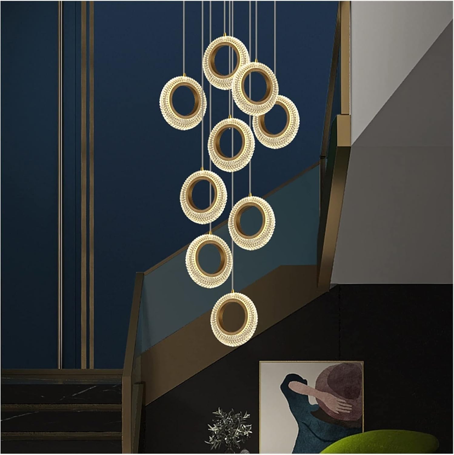 PCXEHUYP Full Copper Stair Chandelier Crystal Villa Spiral Staircase Ring Long Pendant Light Loft Lamp Adjustable Chandeliers