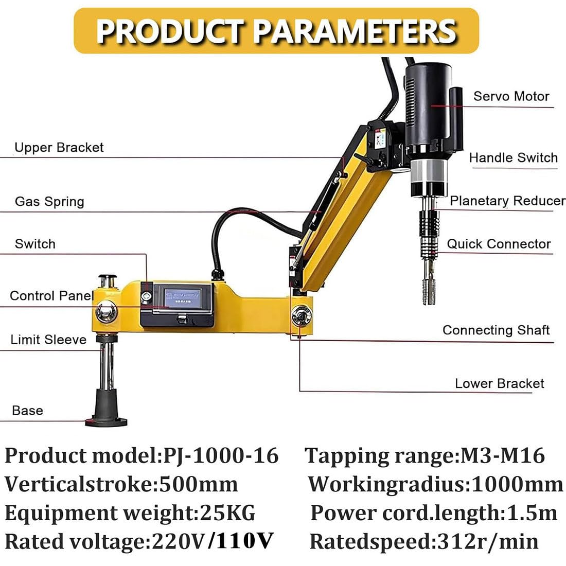 Trapano Maschiatore con Servomotore a Braccio Universale 360, Motore 600w, 312rpm per Lavorazione Filettatura su Acciaio, Alluminio,Plastica E Legno