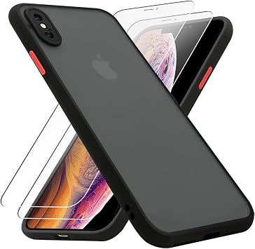 KIOMY case for iPhone X/iPhone Xs with 2 HD Tempered Glass Screen Protectors, Translucent Matte Protection Cover with Soft Edge, Hard PC Back and TPU Hybrid Anti Yellow slim fit shell, 5.8 inch black