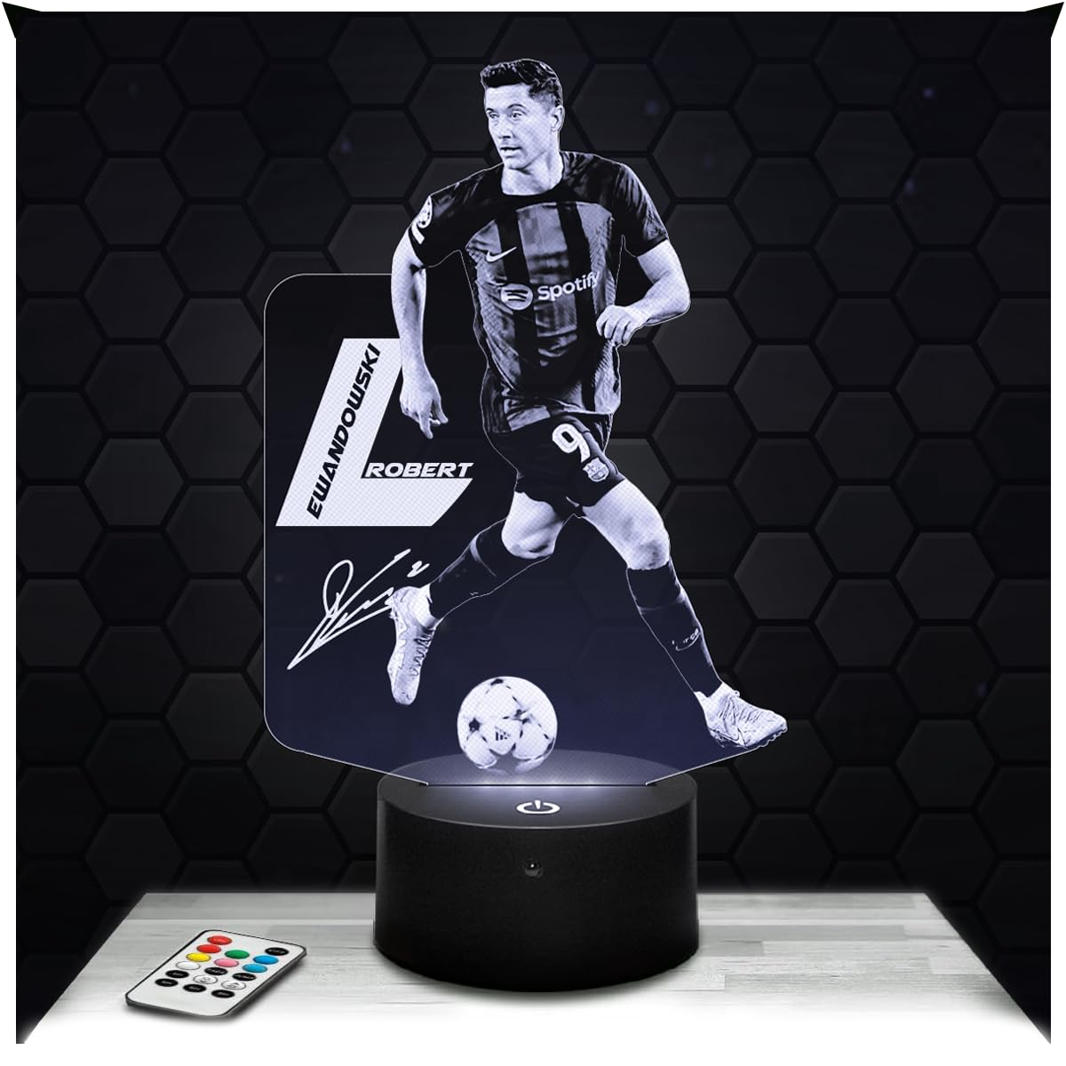 Lampephoto.fr - 3D Lamp Robert Lewandowski Barcelona International Footballer, Touch LED Night Light Football, Football Lamp, 3D Hologram Effect, Football Gift Idea Christmas Birthday Boy or Girl