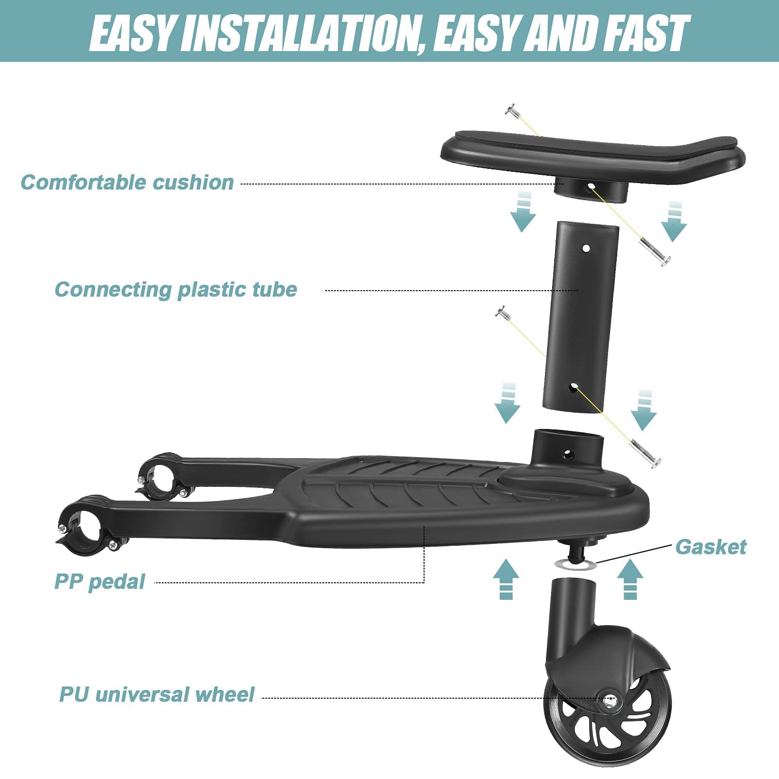 Planches À Roulettes Pour Bébé, Vihir Planche À Roulettes de Poussette, Avec Siege Planche debout pour sièg de connecteur amovible, Adaptée Aux Enfants de 2 À 6 Ans, 25 kg, Non Universal