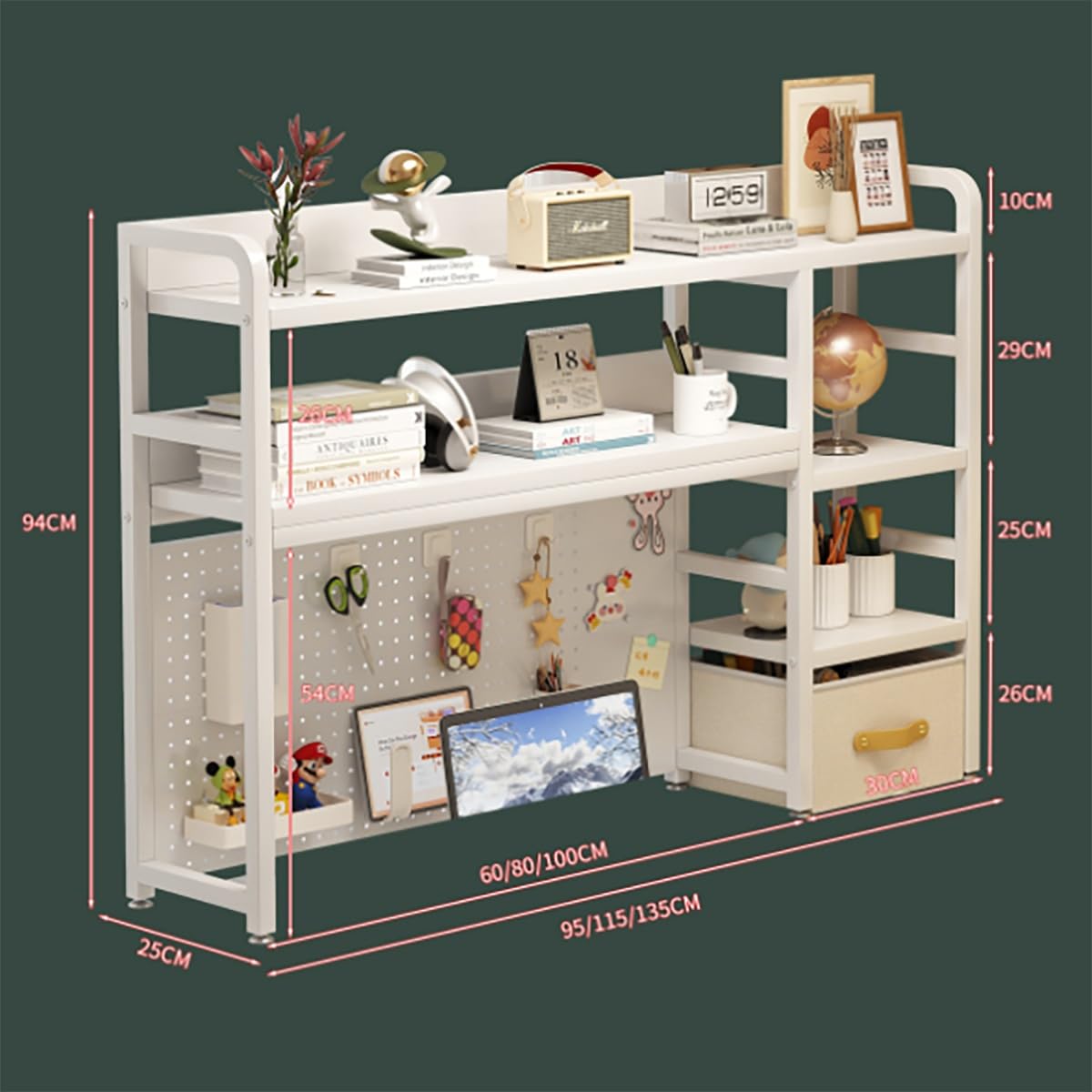Nadstawka na biurko ze stali węglowej z metalową ścianką perforowaną, 3-poziomowy organizer na biurko o dużej pojemności(Wood color,115cm/45)