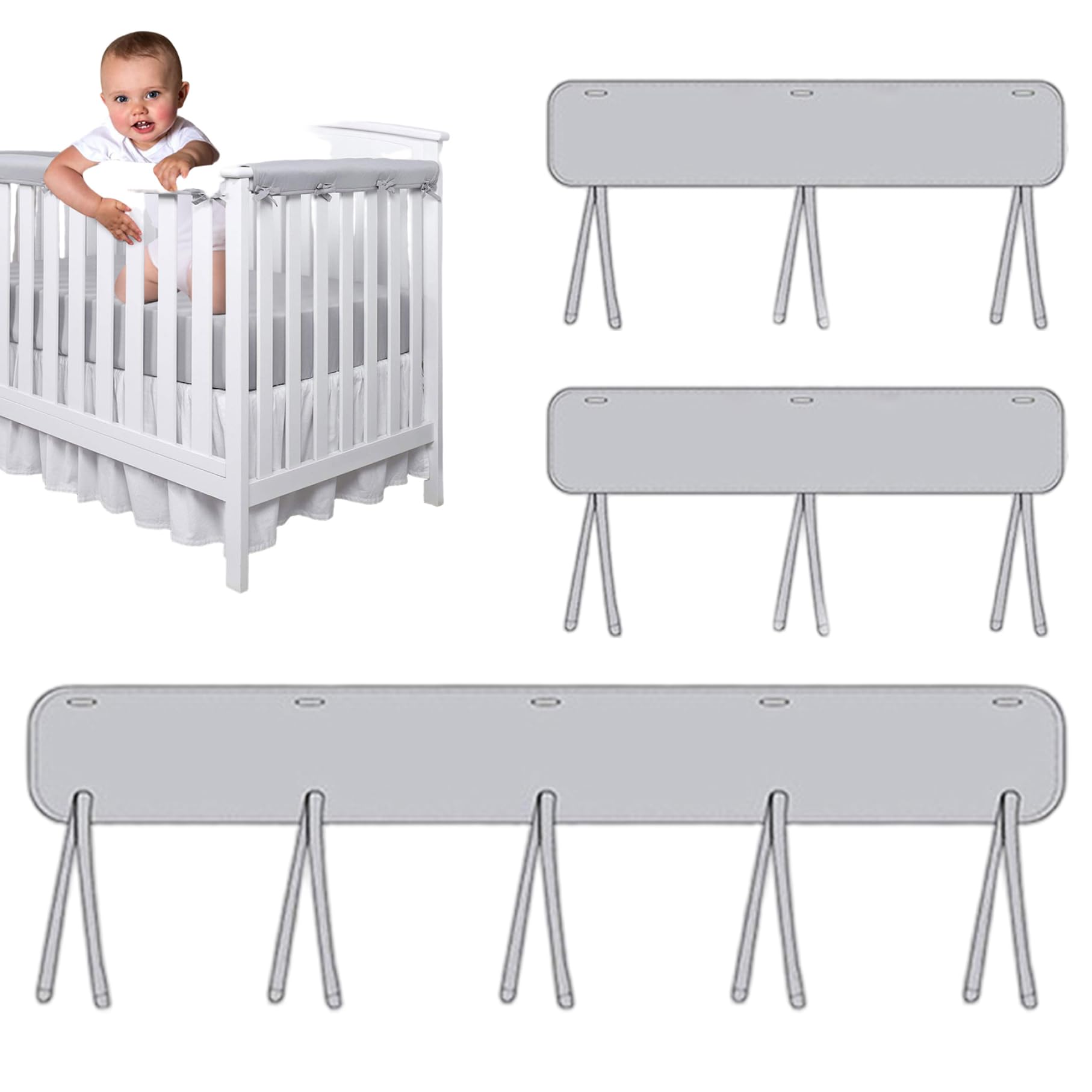 3-Pack Soft Baby Crib Rail Covers for Teething, Easy Install & Washable Fabric Guard for Sides Grey, Crib Rail Teething Guard