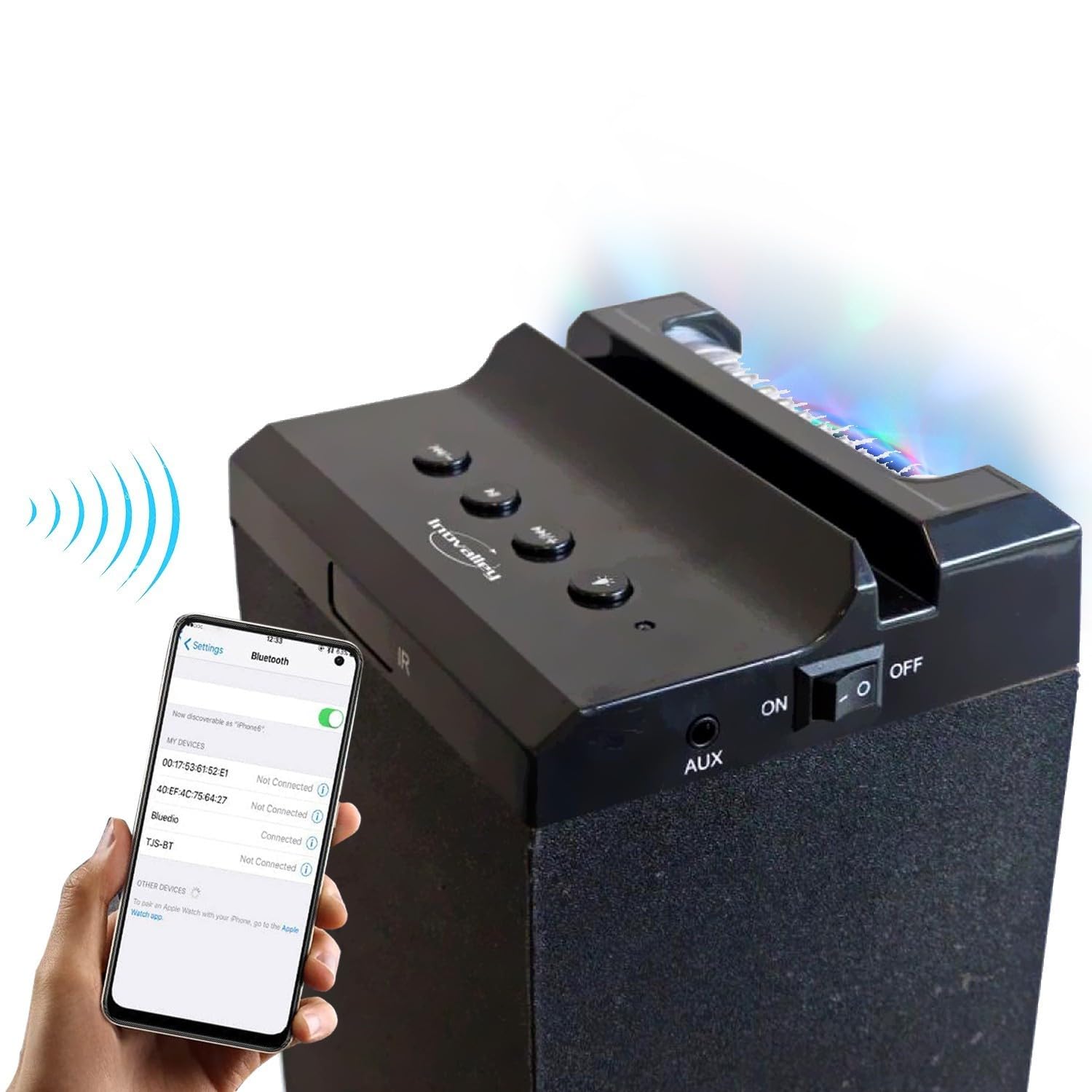 Tour de son INOVALLEY HP58BTH Lumière LED Multi rayons, Bluetooth, Radio FM, AUX 4x 15W, Télécommande, LED OVNI