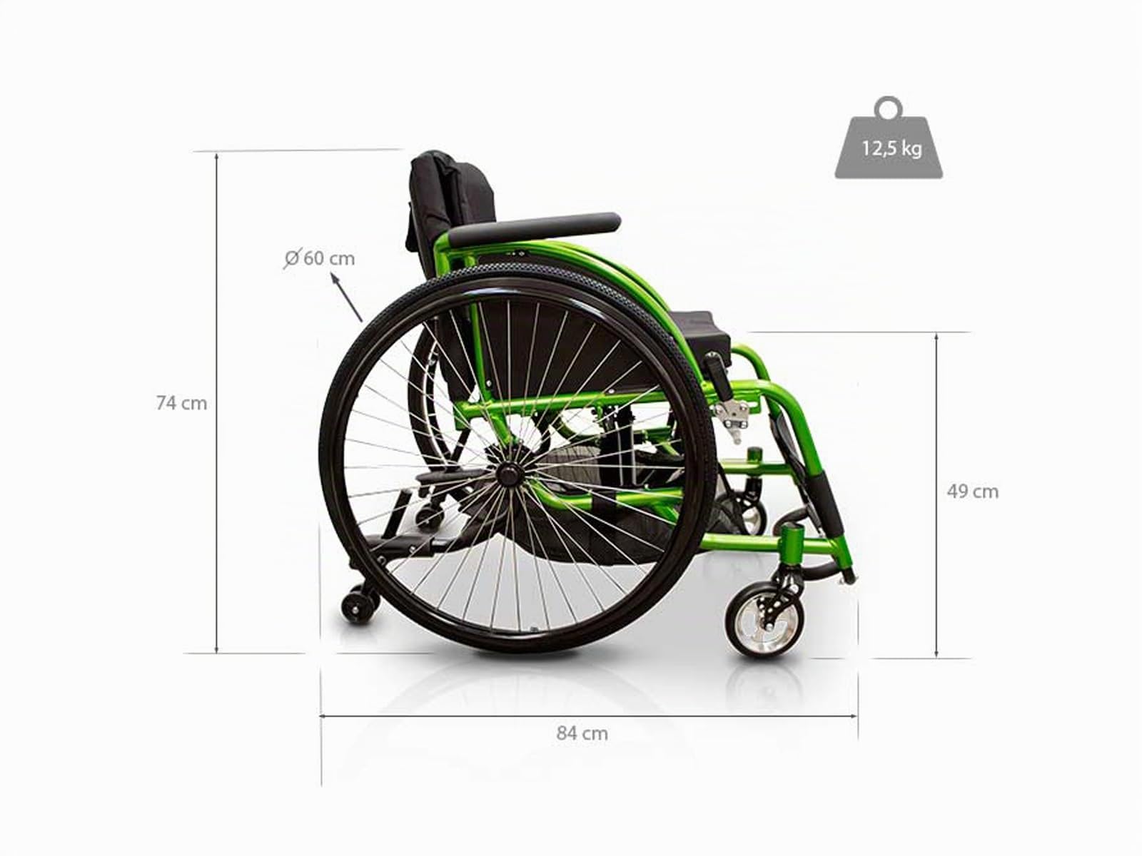 QUIRUMED Silla de ruedas deportiva, Plegable, Aluminio, Asiento acolchado, Cinturón de seguridad, Liberación rápida, Freno manual, Bolsillo portaobjetos, 74 x 57 x 84 cm