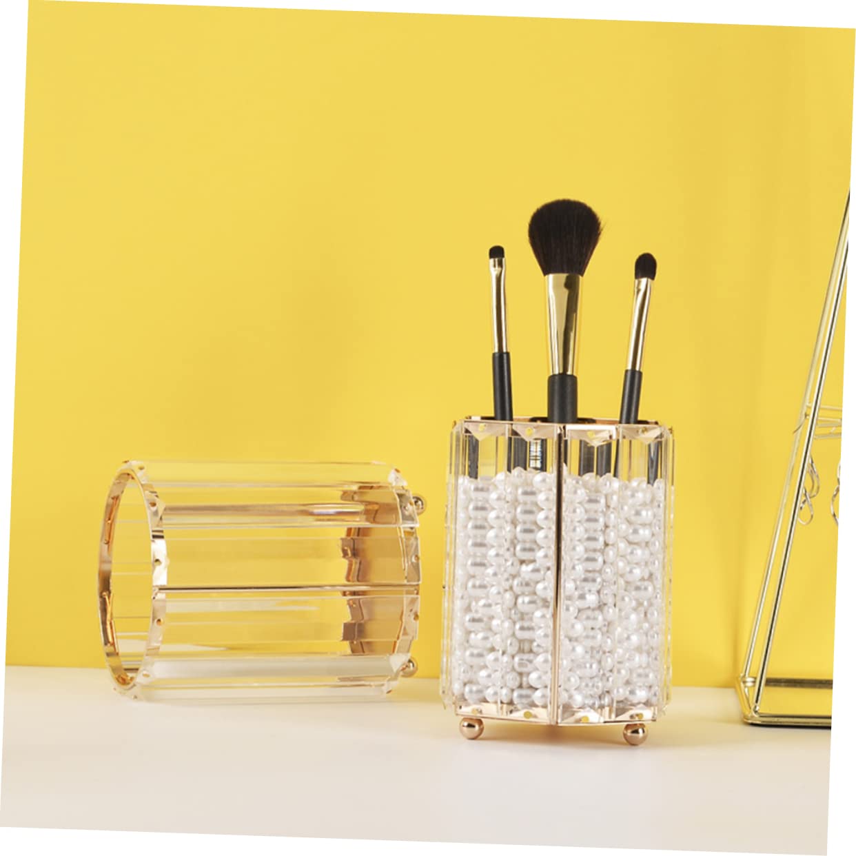 PLAFOPE Portalápices de Vidrio Dorado, Jarrón Hexagonal Decorativo para Lápices y Cejas, Organizador Multiuso para Oficina y Hogar