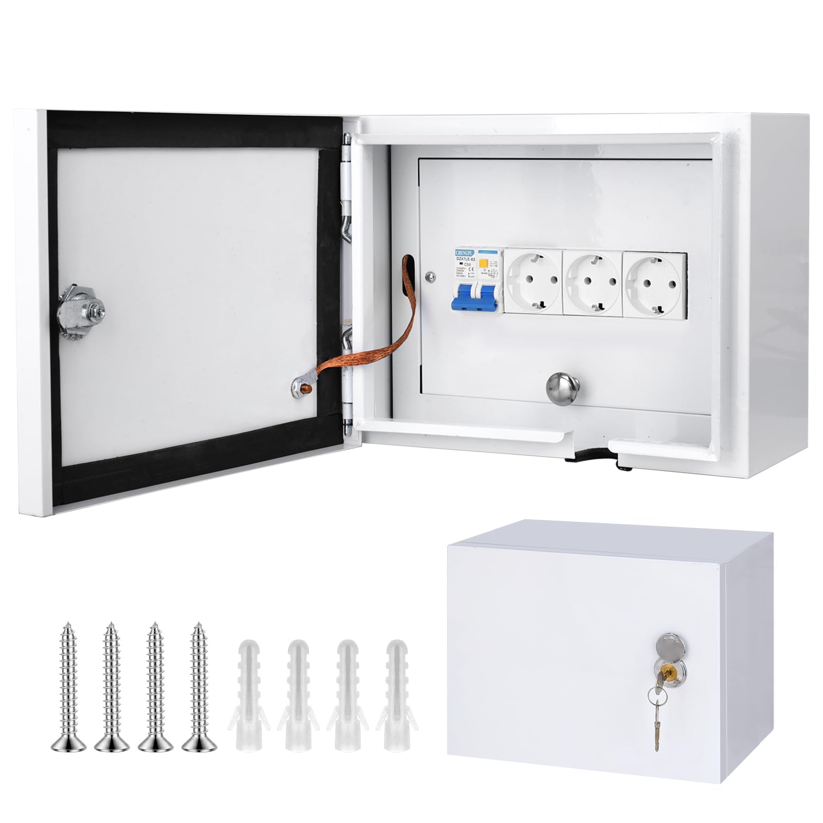 Caja Electrica de Superficie con Protector de Fuga 2P 32A y 2 * Tomas de Corriente 250V/16A, Caja de Distribución con Protección Contra Sobretensiones 2P 400V 20~40kA para Cableado - 8 Módulos