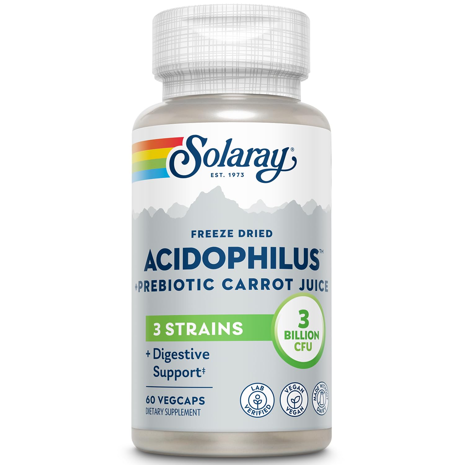 SOLARAY Acidophilus 3 Strain Probiotic & Prebiotic Carrot Juice | 3 Billion CFU, Vegan & Freeze Dried | 60 VegCaps