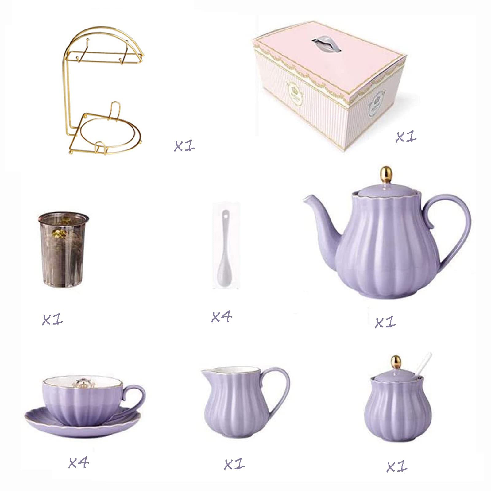 16 Pezzi Set da tè in Porcellana Set da Regalo in Ceramica per caffè E tè Serie Teiera Viola Zuccheriera E Cucchiaini,Purple