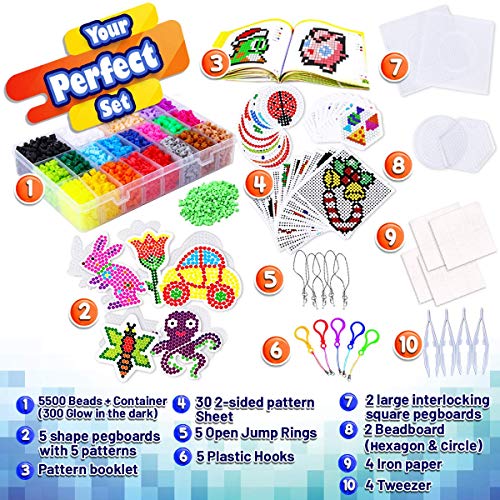 FunzBo Fuse Beads Craft Kit - 111 Patterns Melty Fusion Colored Beads Arts and Crafts Pearler Set for Kids - 5500 5mm Bead 9 pegboards for Boys Girls Age 5 6 7 Classroom Activity Gift (Large)