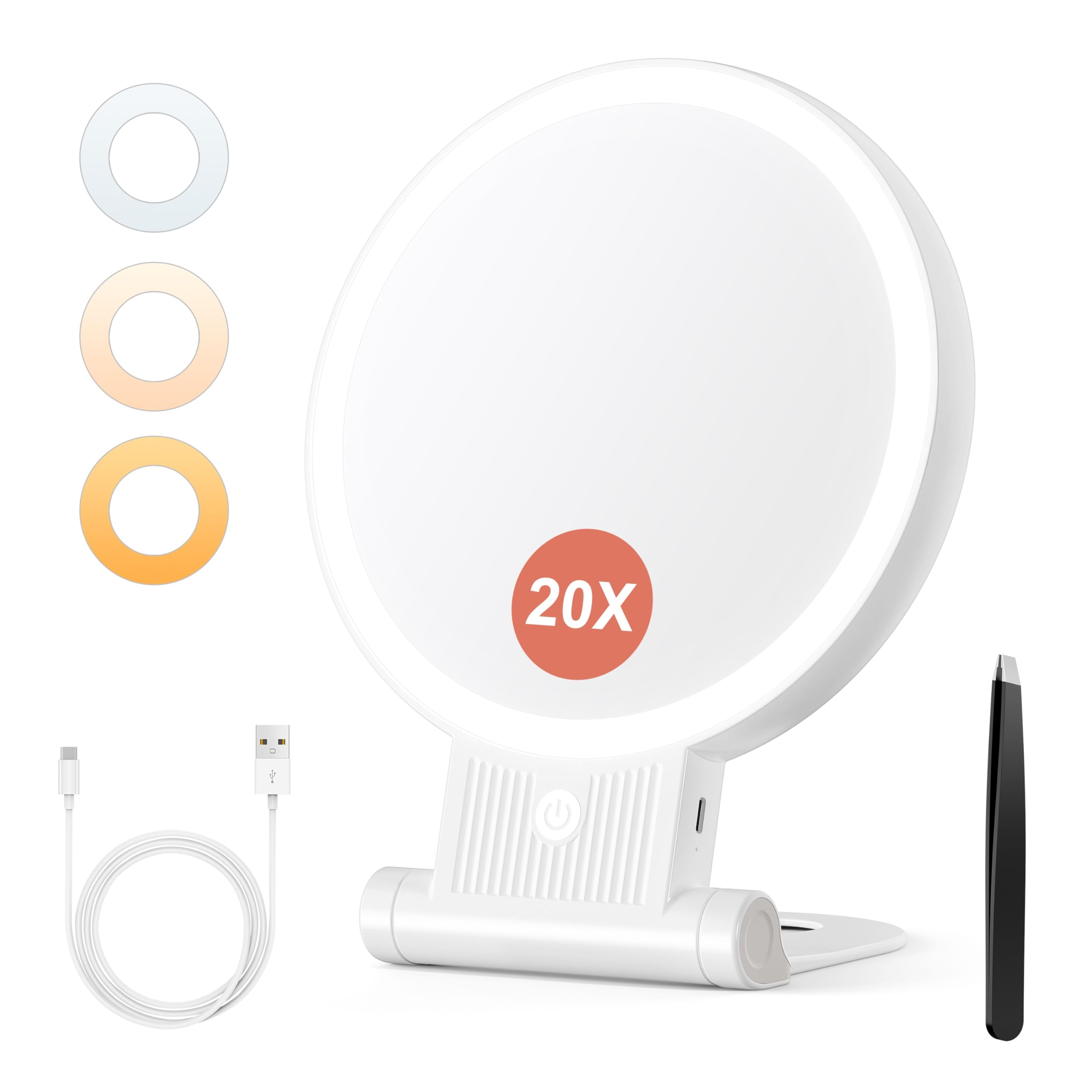 Auxmir Espejo Maquillaje con Luz, 20X/1X Aumento de Doble Cara, Espejo 72 Leds 3 Colores de Luz, 2000 mAh con USB Pinza, Colgar Pared Brillo Regulable para Bolso Viajes, Blanco