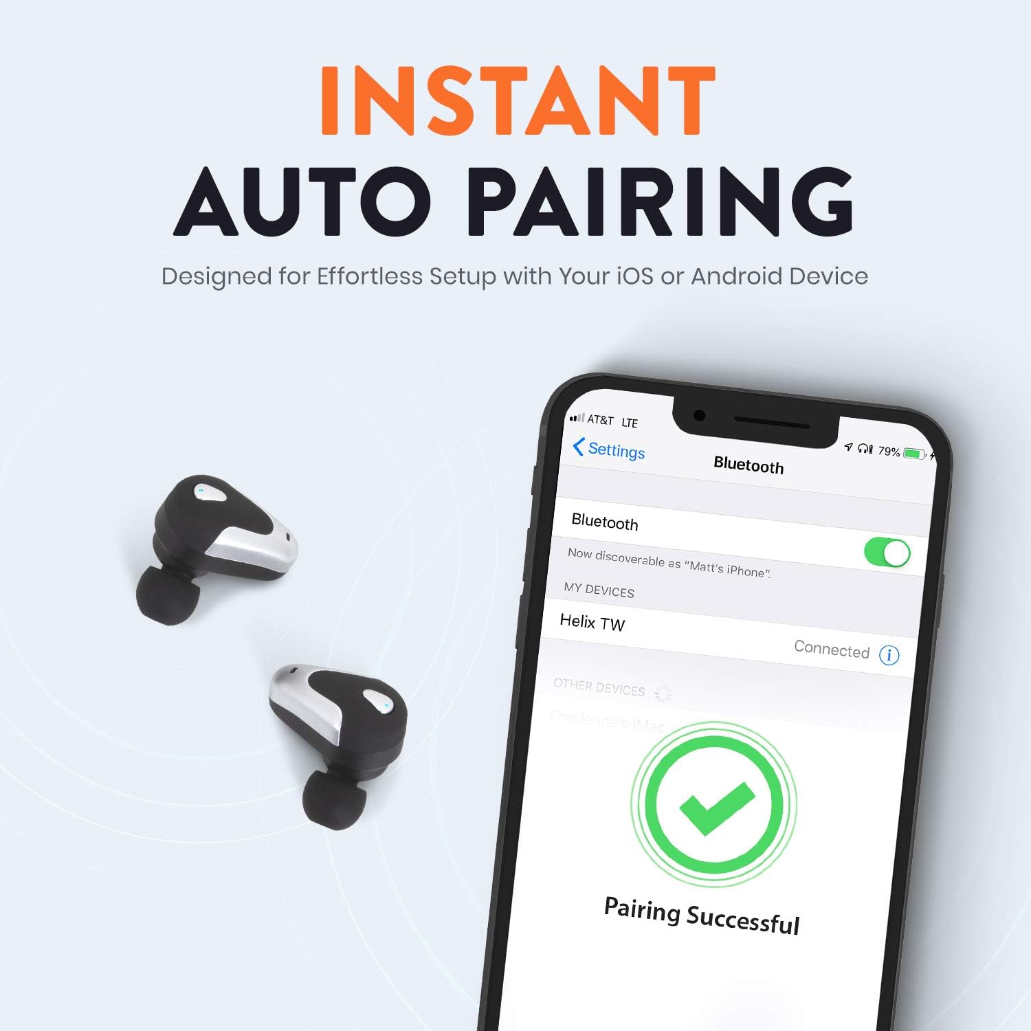 Smartphoneskærm viser vellykket Bluetooth-parring med Helix TW-ørepropper