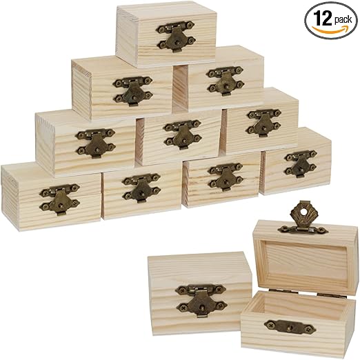 Creative Hobbies 12-Pack Mini Wooden Treasure Boxes with Locking Clasp - Unfinished Wood Treasure Chest for Party Favors, DIY Projects, Home Decor, Props, 2.3 x 1.5 x 1.5 Inches