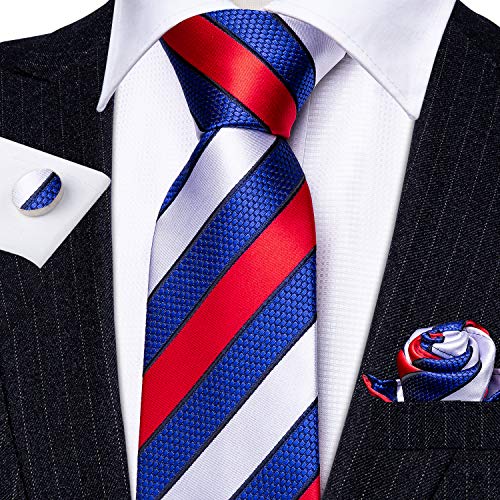 Image of Barry.Wang Tie Sets for Men Silk Stripe Necktie Woven Checkered Handkerchief Cufflinks Formal Business Wedding