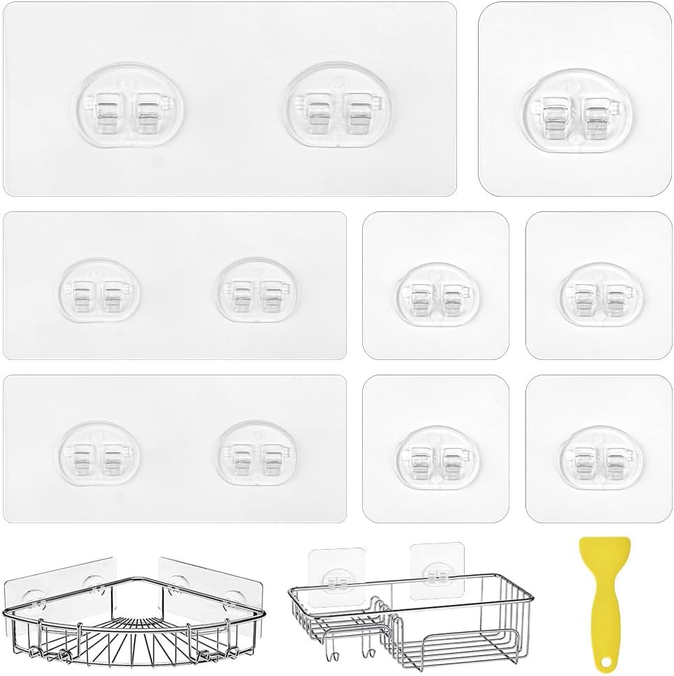 12 PCS Shower Caddy Adhesive Hooks Clear Shower Caddy Sticky Pads Shower Caddy Adhesive Sticker Strips Strong Sticker Hooks Heavy Duty Wall Hooks for Corner Shelf Basket (Double & Single Hook)