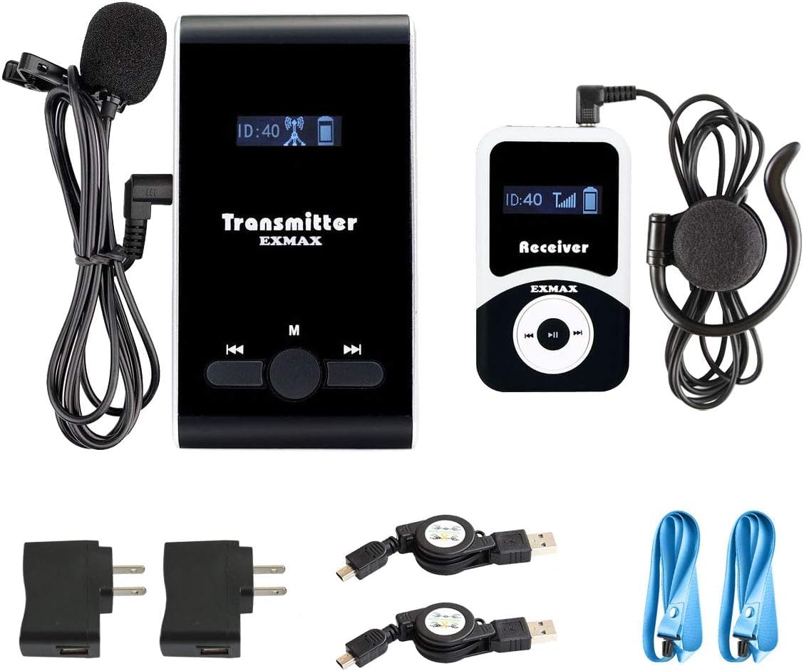 EXMAX Wireless Tour Guide Microphone Church Translation System ATG-100T 195MHz Interpretation Systems for Slient Meetings Worship Schools Teaching Municipal Buildings Tour (1 Transmitter 1 Receivers)