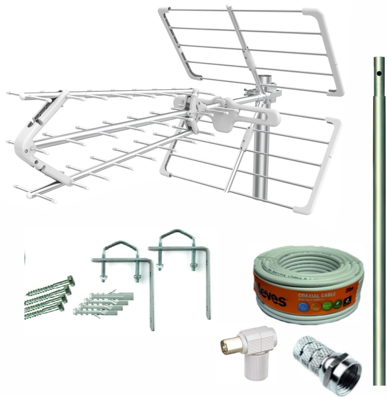 TELEVES Kit Antena TV Compact 5G + Rollo 20M + Mástil 1,2M + Garras + Tornillos + Conectores F y TV