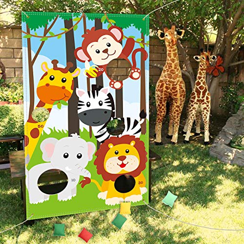 Safari Animals Toss Games Banner with 5 Bean Bags for Kids Children's Family Party Zoo Animals Theme Indoor Outdoor Parties Supplies Decoration