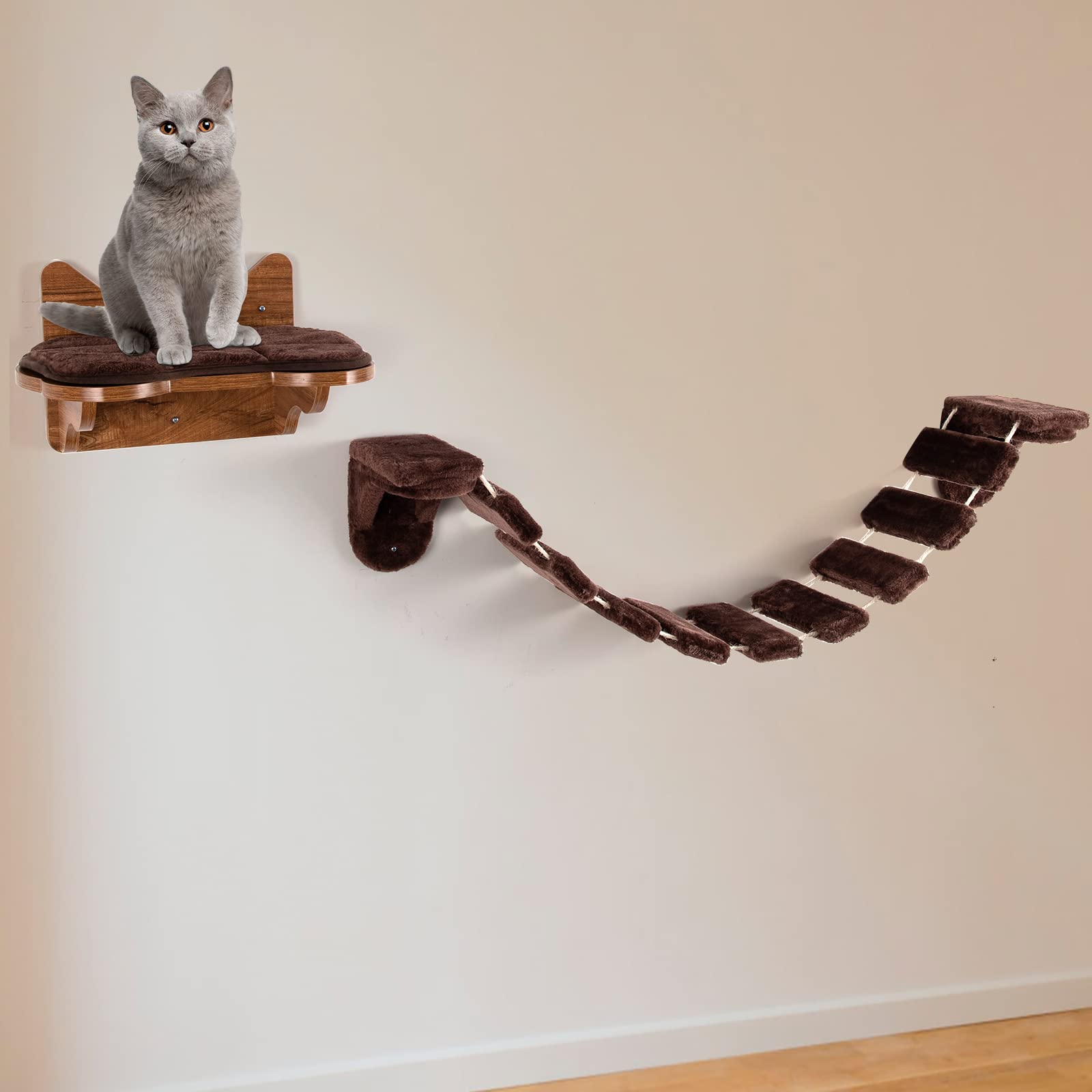 GYMAX Katzenkletterwand Set, platzsparende Katzentreppe mit Abnehmbarer Matten, wandmontierte Hängebrücke für Katzen zum Spielen & Ruhen, Katzenliegeplatz bis 10 kg belastbar, Braun