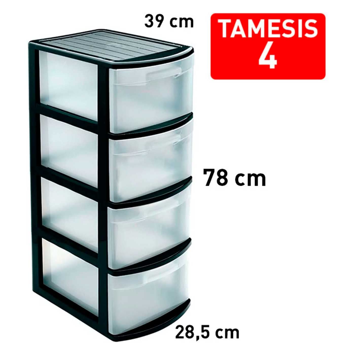 Tradineur – Cajonera Tamesis multiusos de 4 cajones – Sin ruedas – Fabricado en plástico – 78 x 28,5 x 39 cm – Color Negro