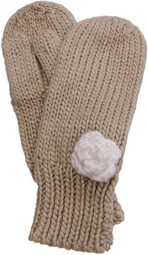 Manoplas de invierno con roseta de punto tostado para mujer, Beige Bronceado