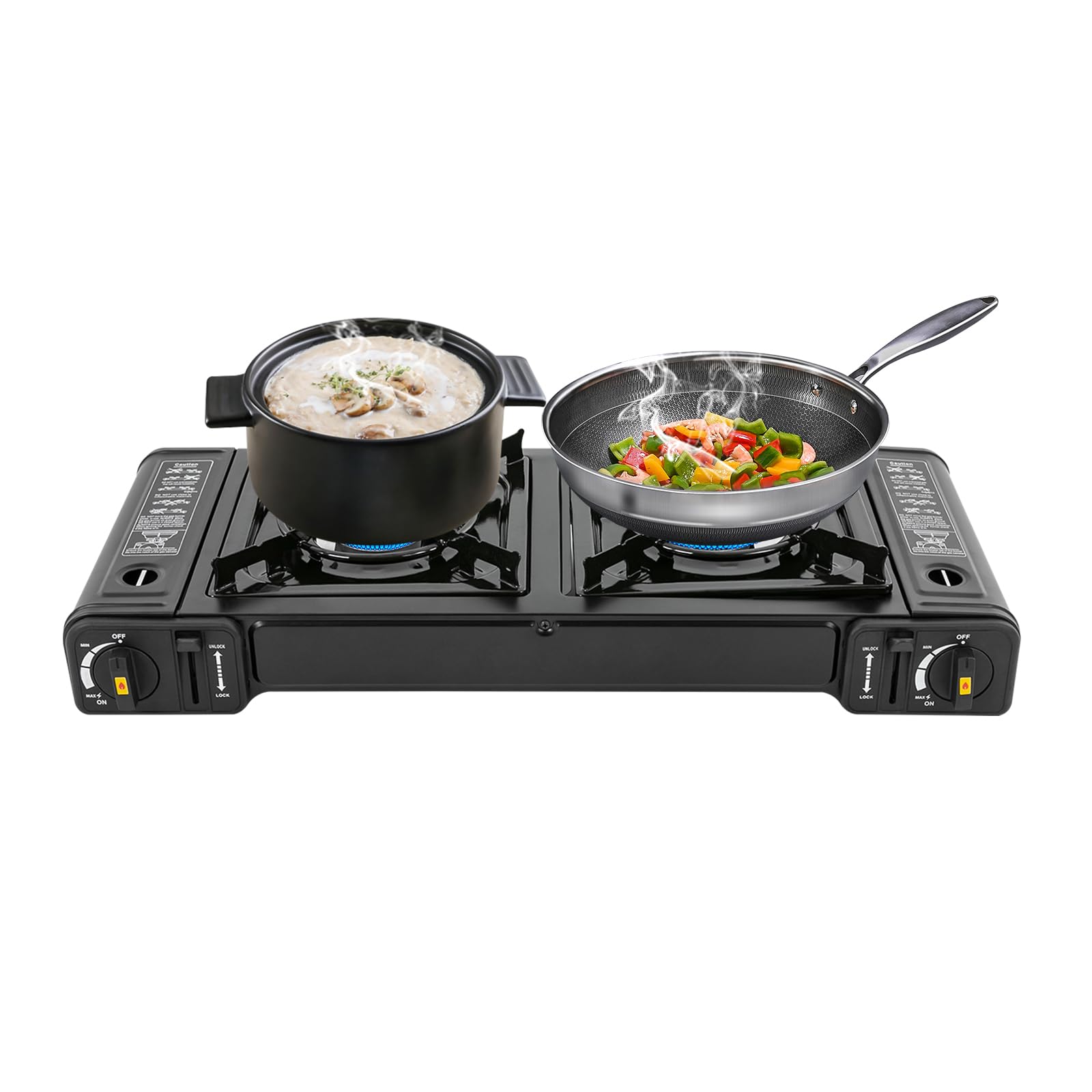 Réchaud à gaz de camping portable 2 feux noir fonte d'aluminium couvercle amovible