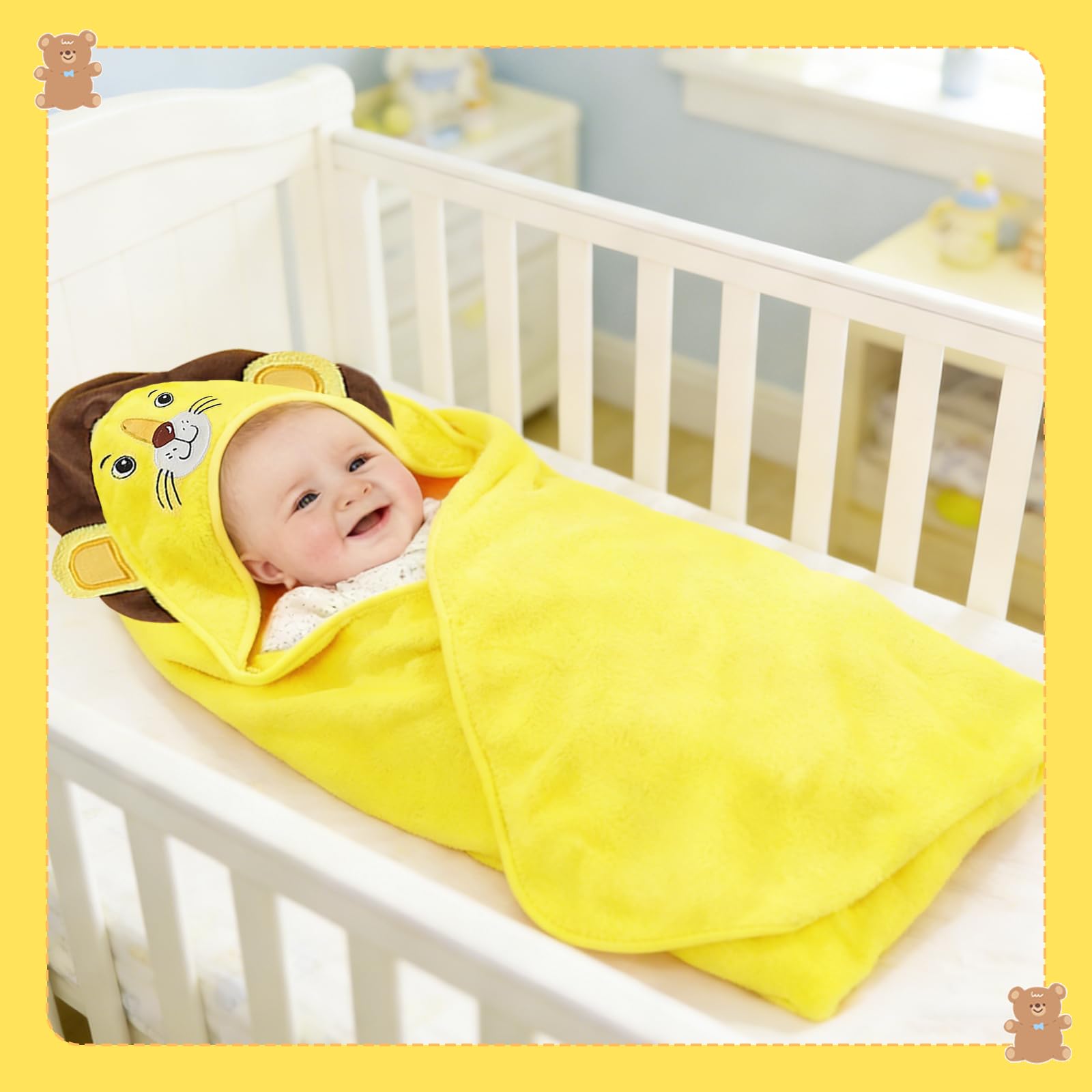 2 toallas de bebé con capucha, 80 x 80 cm, toalla con capucha para bebés, bonita forma de animal, oso blanco y león amarillo, para baño de bebé, unisex
