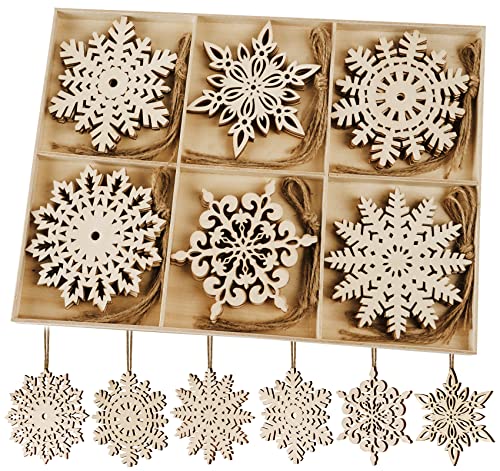 HOUISM Colgante de árbol de Navidad, 30 unidades de madera para manualidades de Navidad, decoración para el país, copos de nieve, adornos para árbol de Navidad con cuerda de yute para manualidades Cover