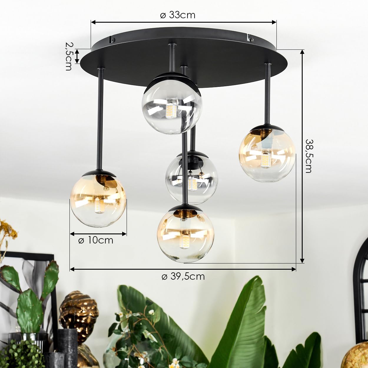 Plafonnier HOFSTEIN Chehalis, plafonnier à 5 ampoules en métal/verre noir/fumé/ambre/clair, luminaire au design vintage (abat-jour Ø 10 cm), G9, salle à manger, salon, chambre à coucher, cuisine