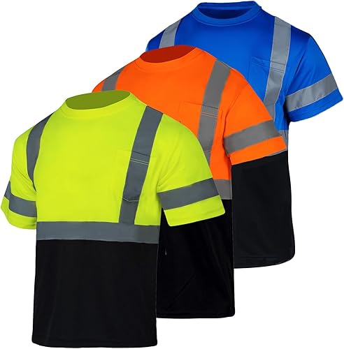Miniatura 10 de FONIRRA Paquete de 3 camisetas reflectantes de seguridad de alta visibilidad para hombres con mangas cortas ANSI Clase 2