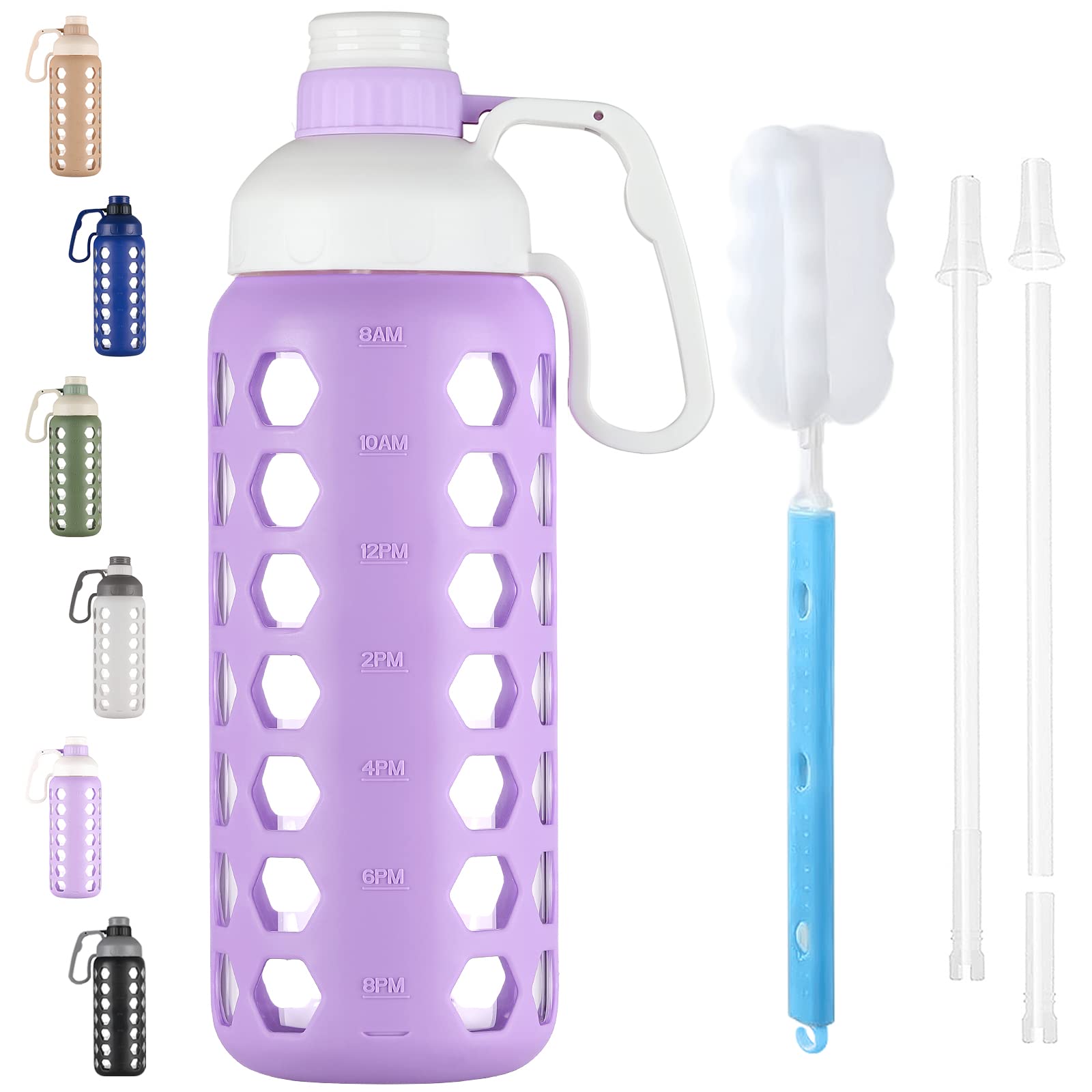 MUKOKO 56 Oz Glass Water Bottles, Half Gallon Water Bottle With Straw And Silicone Sleeve Wide Mouth Leakproof Reusable Water Jug With Time Marker And Handle For Gym, Outdoor, BPA Free,Purple