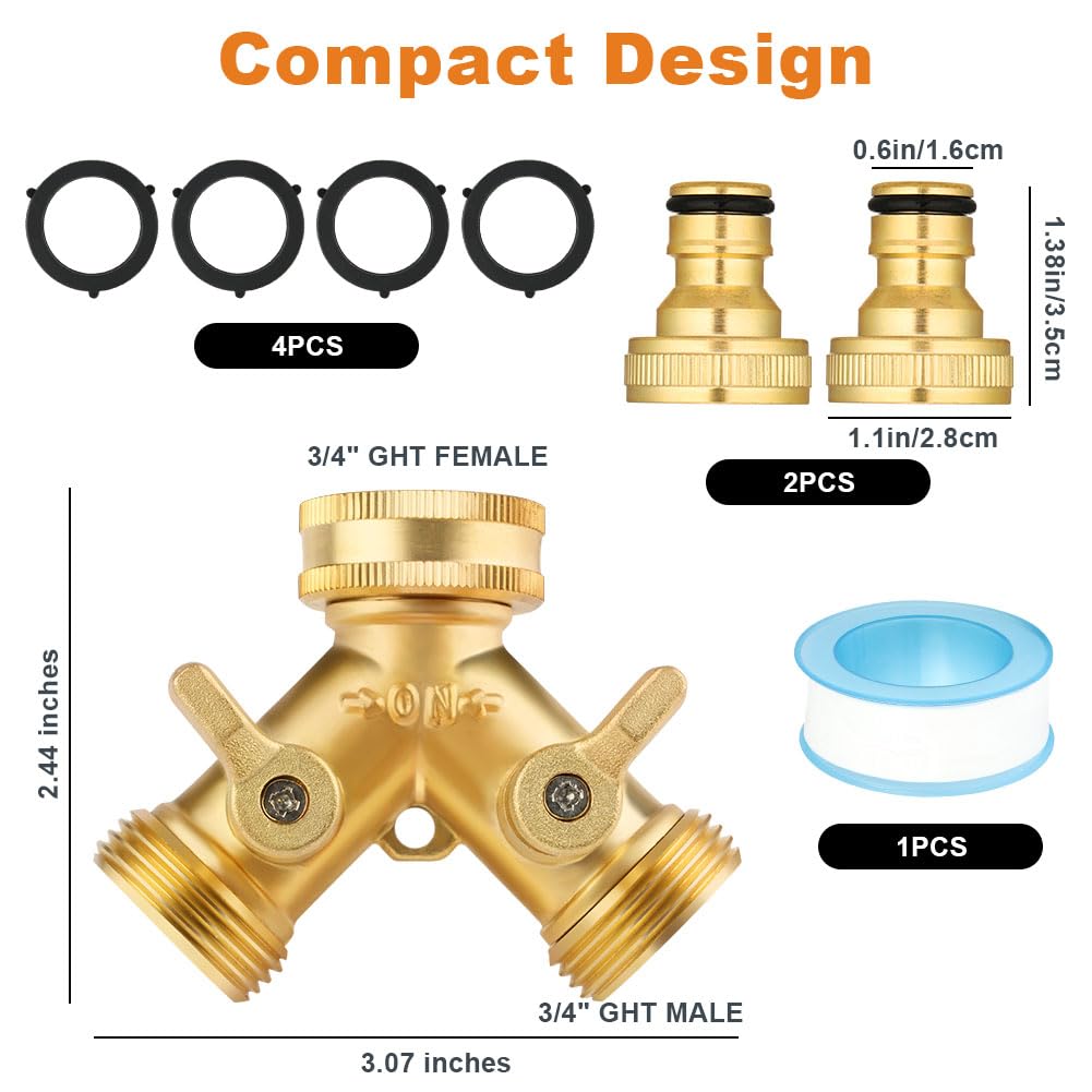 Flintronic 2 Way Brass Hose Splitter, 3/4" Tap Garden Hose Connector - Image 2