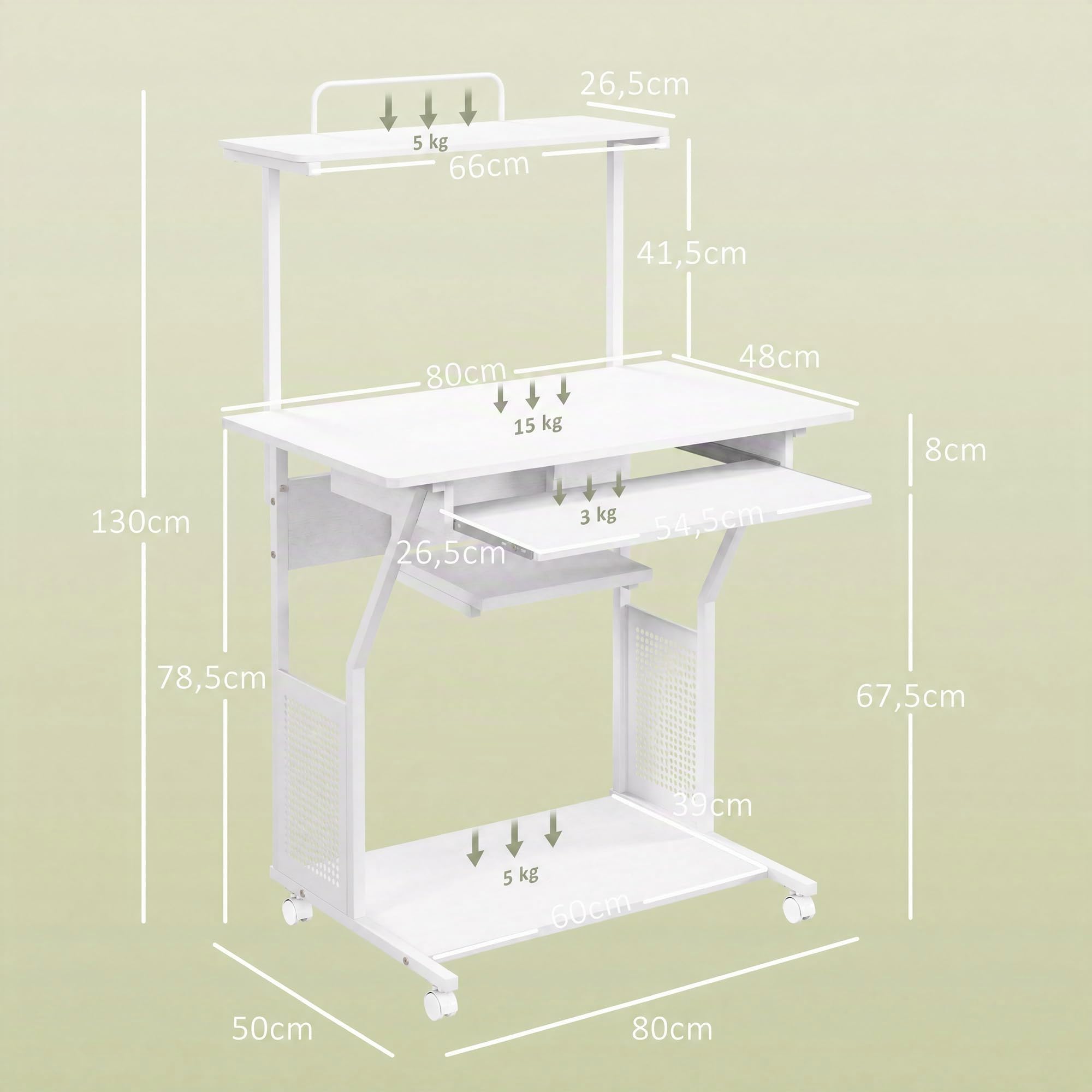 HOMCOM Bureau d'Ordinateur avec Rangement Roulant 80 x 50 x 130 cm Blanc