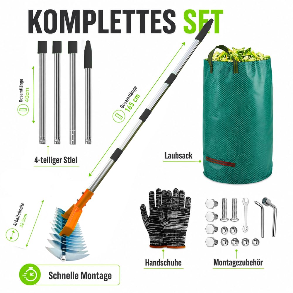 Handvertikutierer mit Gartenabfallsack, Vertikutierrechen mit Stiel 163cm, Vertikutierer Rechen Hand, Schneidrechen, Rasenlüfter Rechen,Vertikutierharke,zur Beseitigung von Moos und Rasenfilz