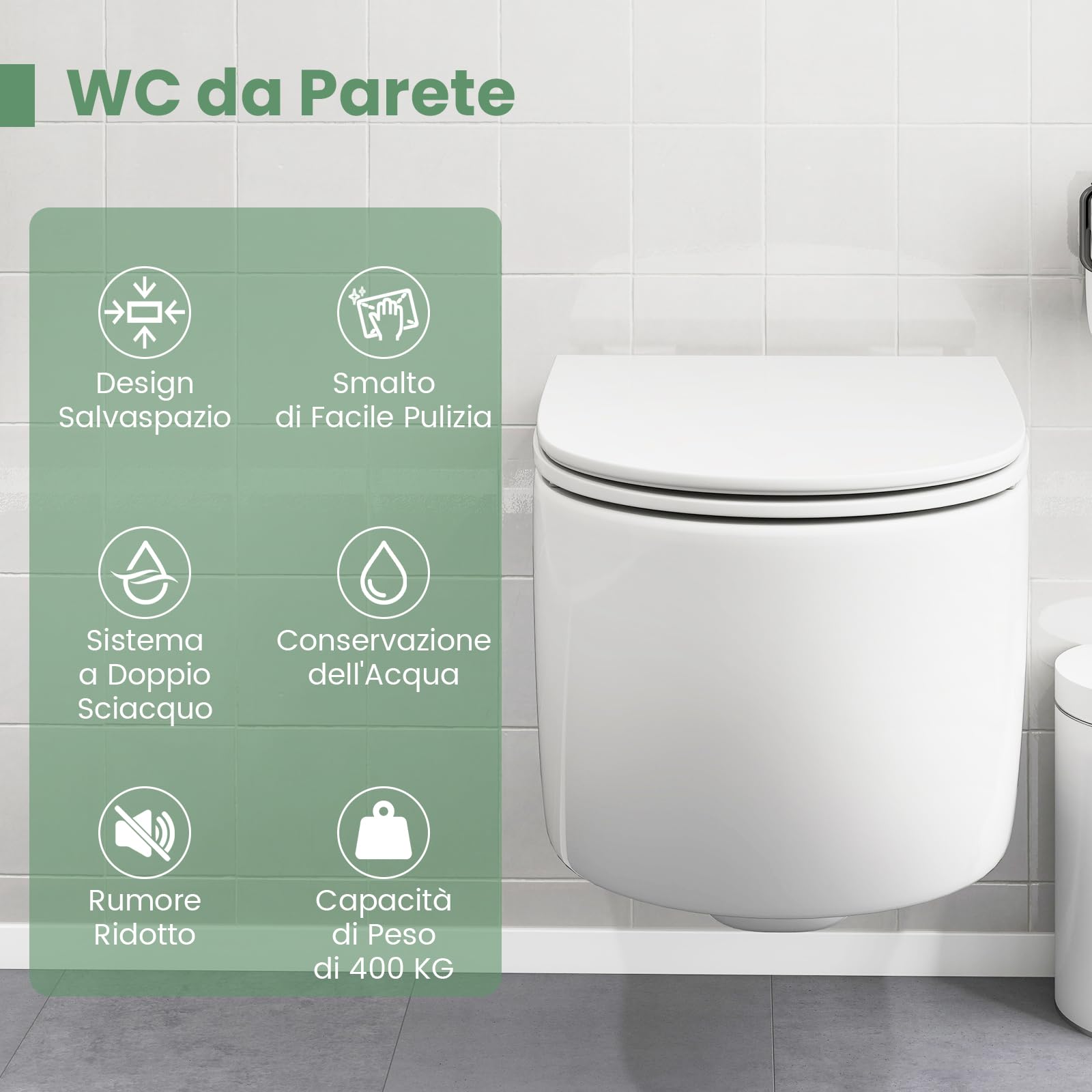 COSTWAY Sanitari Bagno a Muro, Sanitari Bagno Sospeso con Sistema di Doppio Scarico, Meccanismo di Chiusura Ammortizzata e Accessori di Montaggio, Facile da Pulire