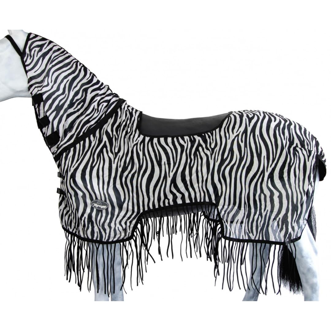Marengos Zebra Fliegenausreitdecke mit Fransen Pferdedecke Sattelausschnitt Halsteil Insektenschutz feinmaschig Fliegendecke Outdoor Schwarz/Weiß 155 cm