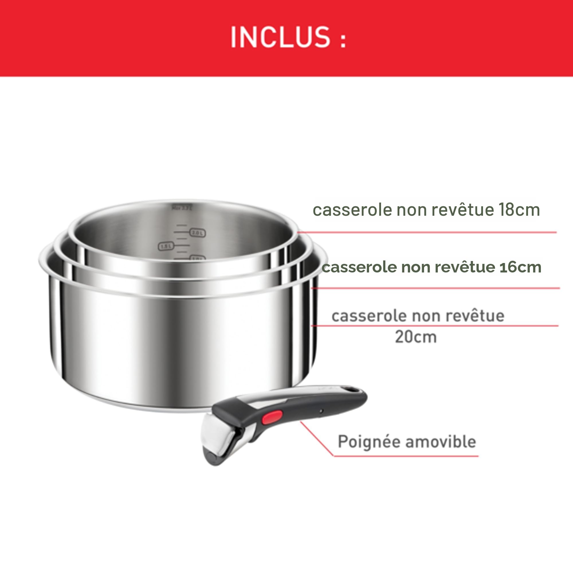 Tefal Ingenio Lot de 4 pièces, Casseroles 16/18/20 cm + 1 poignée amovible, Induction, Acier inoxydable, Empilable, Gain de place, Preference On L898S334