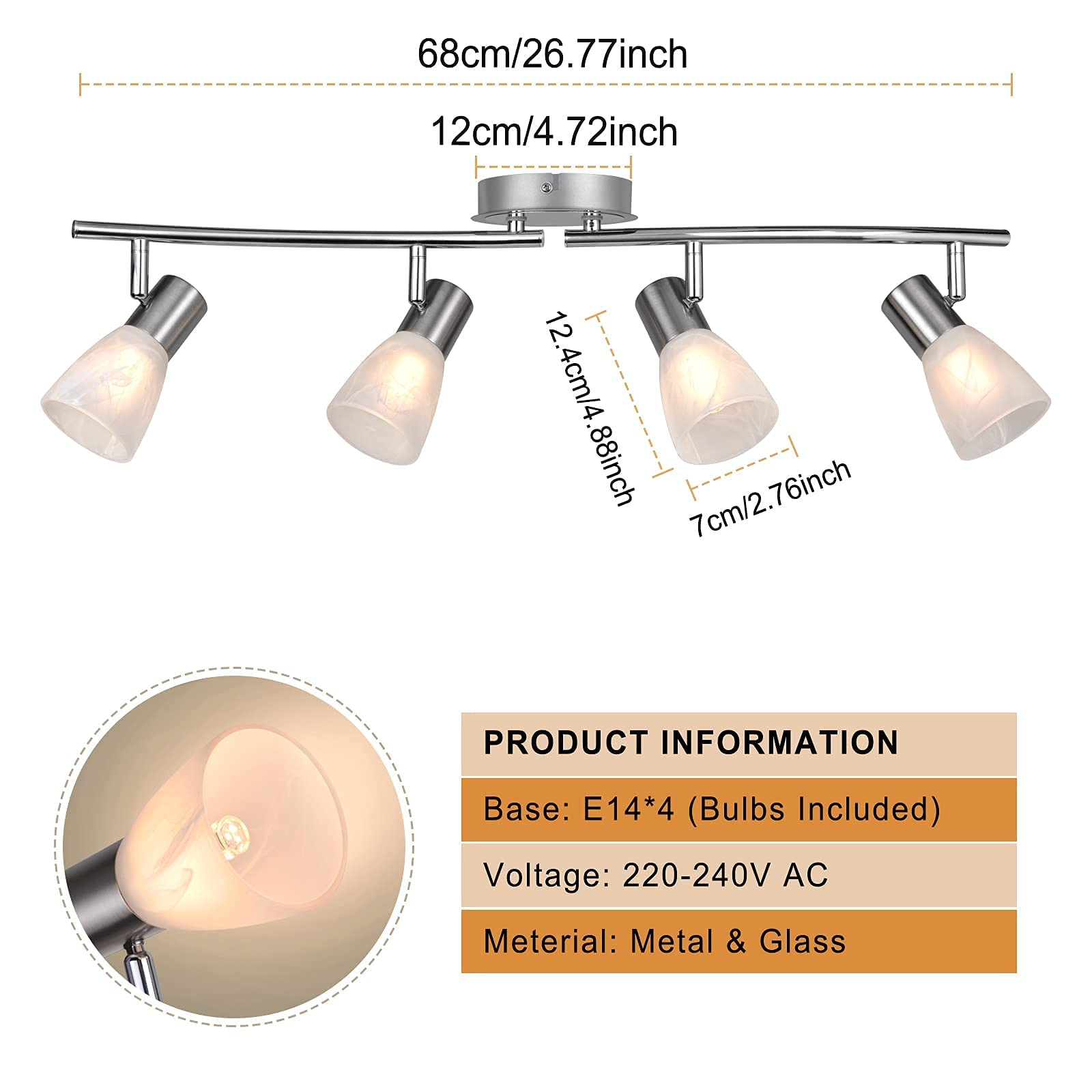 Plafoniera LED 4 Faretti Orientabili, Faretti da Soffitto con Paralume in Vetro, Lampada da Soffitto con 4 Lampadine E14 4W 400LM Bianco Caldo, Luminario Plafoniera per Soggiorno, Sala, Cucina