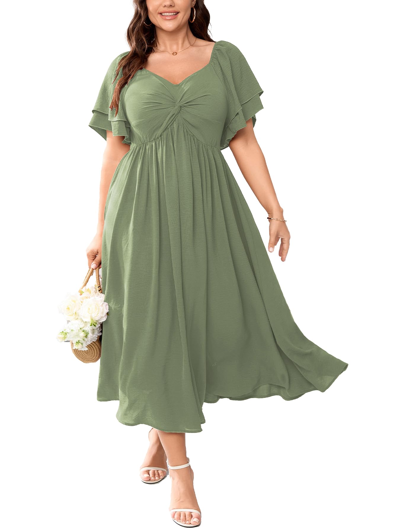 Photo 1 of SCOMCHIC Women's Plus Size Wedding Guest Cocktail Dresses Sweetheart Neckline Ruffle Sleeve A Line Maxi Dress Sage Green