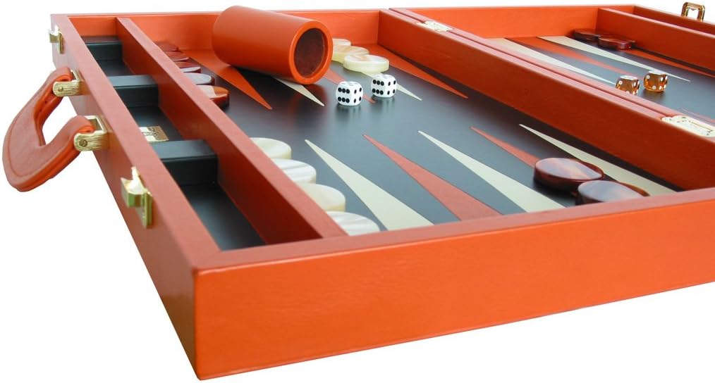 Leather Backgammon Set by Zaza & Sacci - (20" Case, Board Game) - Orange
