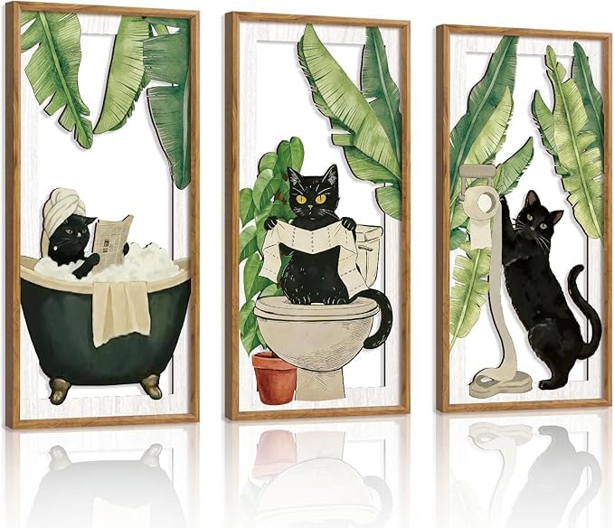 HPNIUB 3PCS Banana Leaf Black Cat Wall Decor Framed Bedroom Art 20x40CM