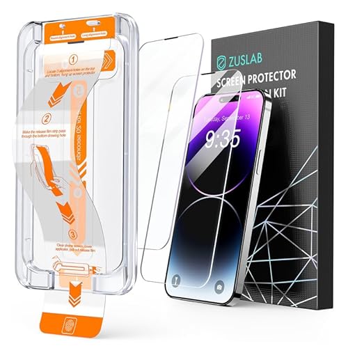 [2 Pack] ZUSLAB for iPhone 14 Pro Screen Protector Tempered Glass with Easy Auto-Align Install Kit [Bubble Free] [Anti-Fingerprint] [Full Coverage] Case Friendly for Apple
