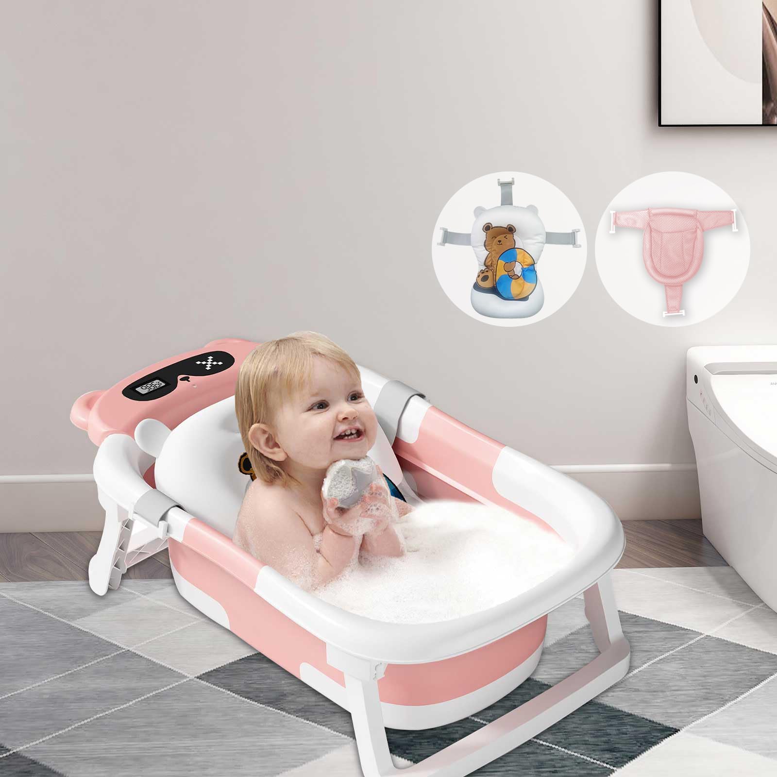 STEUGO Baby Badewanne für 0-18 Monate, Faltbare Babywanne mit Babybadewanne Stützkissen& Thermometer, Portable Baby Bathtub als Wesentliche Artikel für Neugeborene und Kleinkind(Rosa)